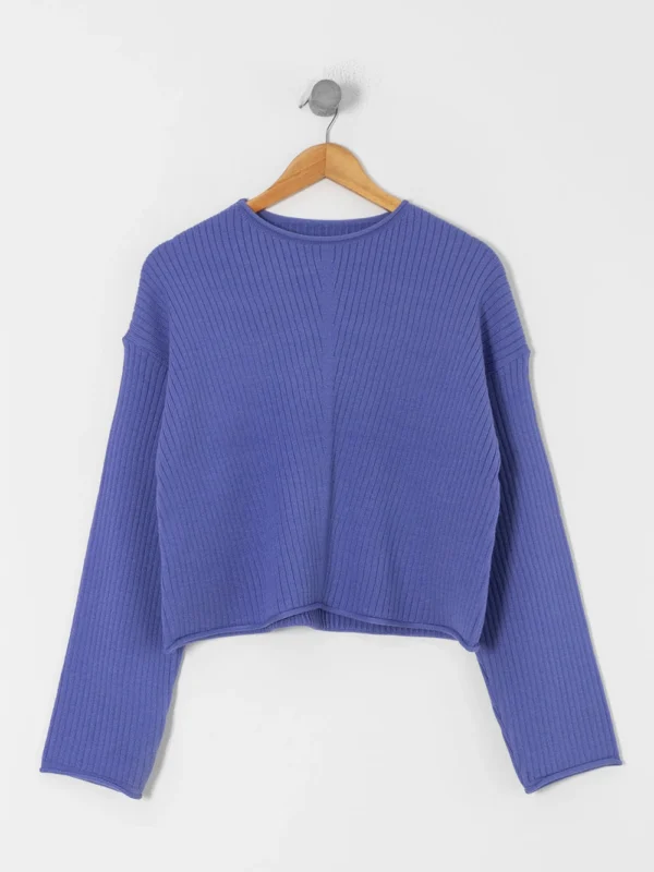 sweater-iris Sweater azul violeta de morley con manga larga y línea central en el delantero, colgado sobre fondo blanco